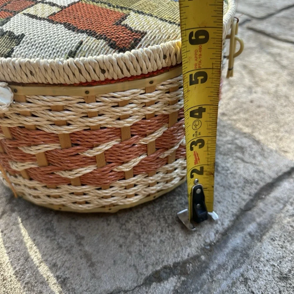 Vintage Wicker Sewing Basket Orange Satin Liner Japan Handle Woven Tapestry Lid